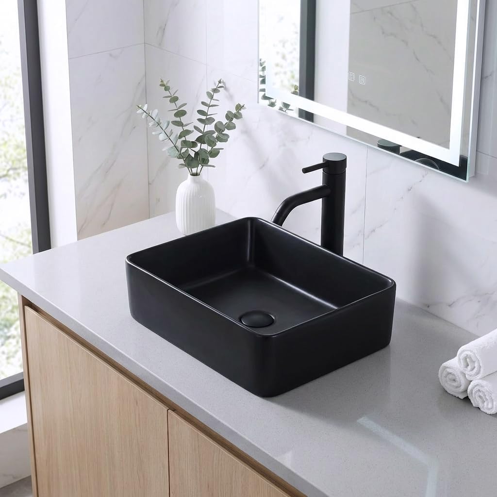 Black Vessel Sink, Modern Ceramic Rectangular Bathroom Sink 16"x12" Small Vessel Sink With Faucet and Drain Combo Above Counter Bathroom Sinks Art Basin