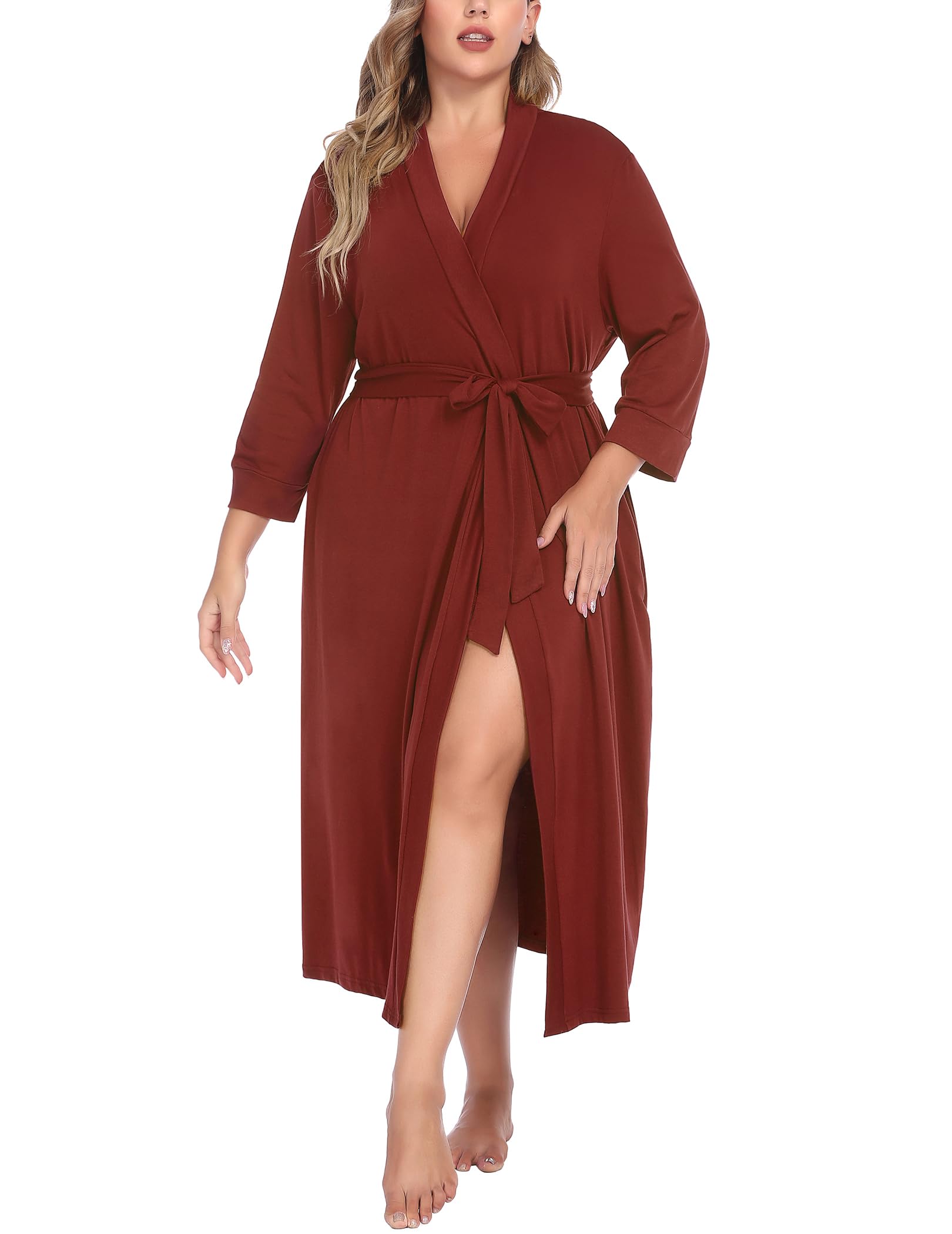 IN'VOLAND Womens Plus Size Kimono Robes Long Knit Bathrobe V Neck Ladies Loungewear Lightweight Soft Sleepwear 1X-5X