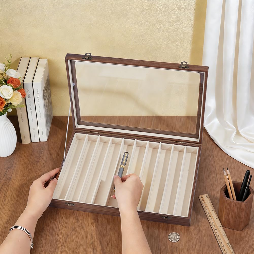 BENECREAT Présentoir à Stylos en Bois avec 10 Emplacement Organisateur de Stylos Plumes en Verre Transparent Idéal pour Offrir Ou Collectionner. 350x240~250x49mm