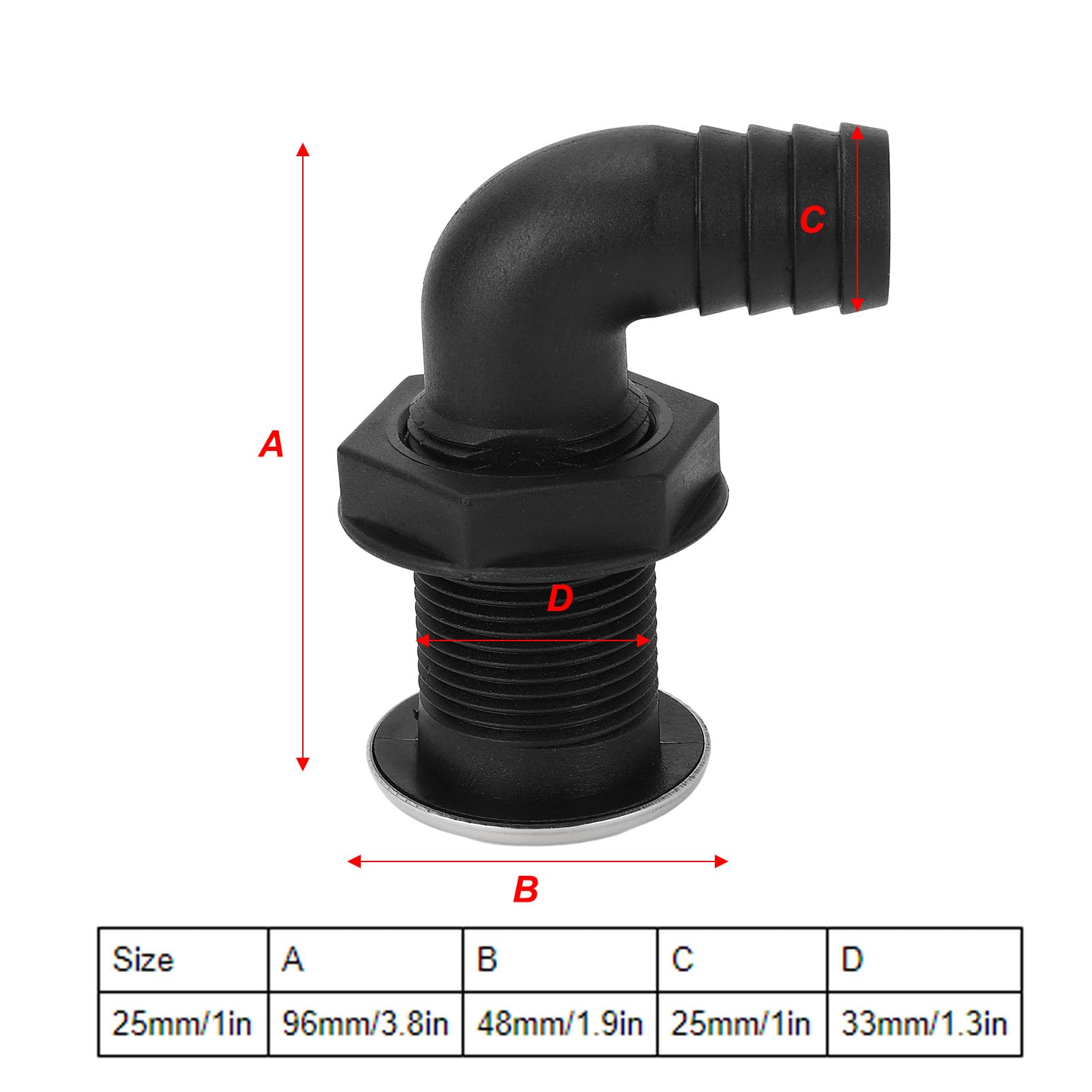 Qqmora 25mm Thru Hull Fitting Nylon Impact Leakproof Long Lasting Use Thru Hull Connection for Boats (90 Degree Tube, Height: 96mm / 3.8in)