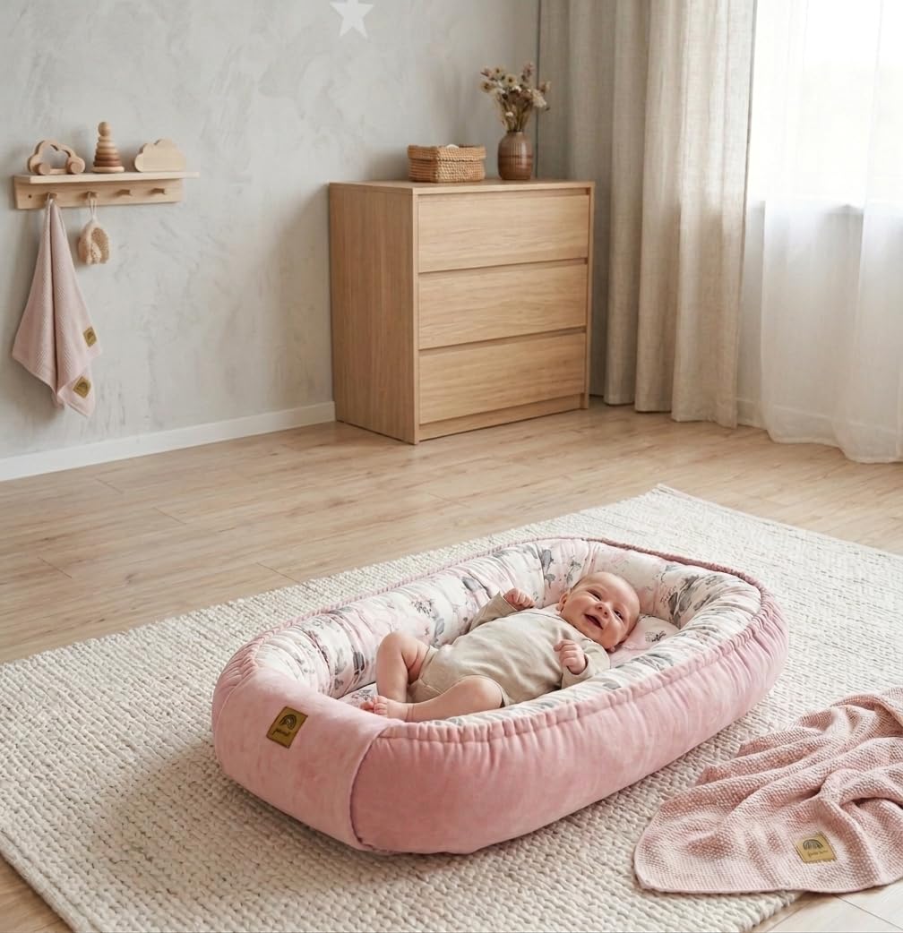 Pimko Terciopelo multifuncional para niños, reductor para cama de bebé, cuna de viaje, de algodón, 55 x 90 cm (rosa)
