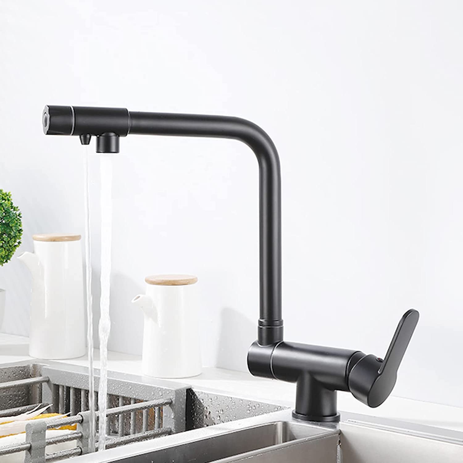 Grifo de cocina de 3 vías con rotación de 360°, grifo mezclador negro cepillado para sistema de ósmosis inversa, instalación de ventana delantera, diseño duradero y elegante 3 en 1