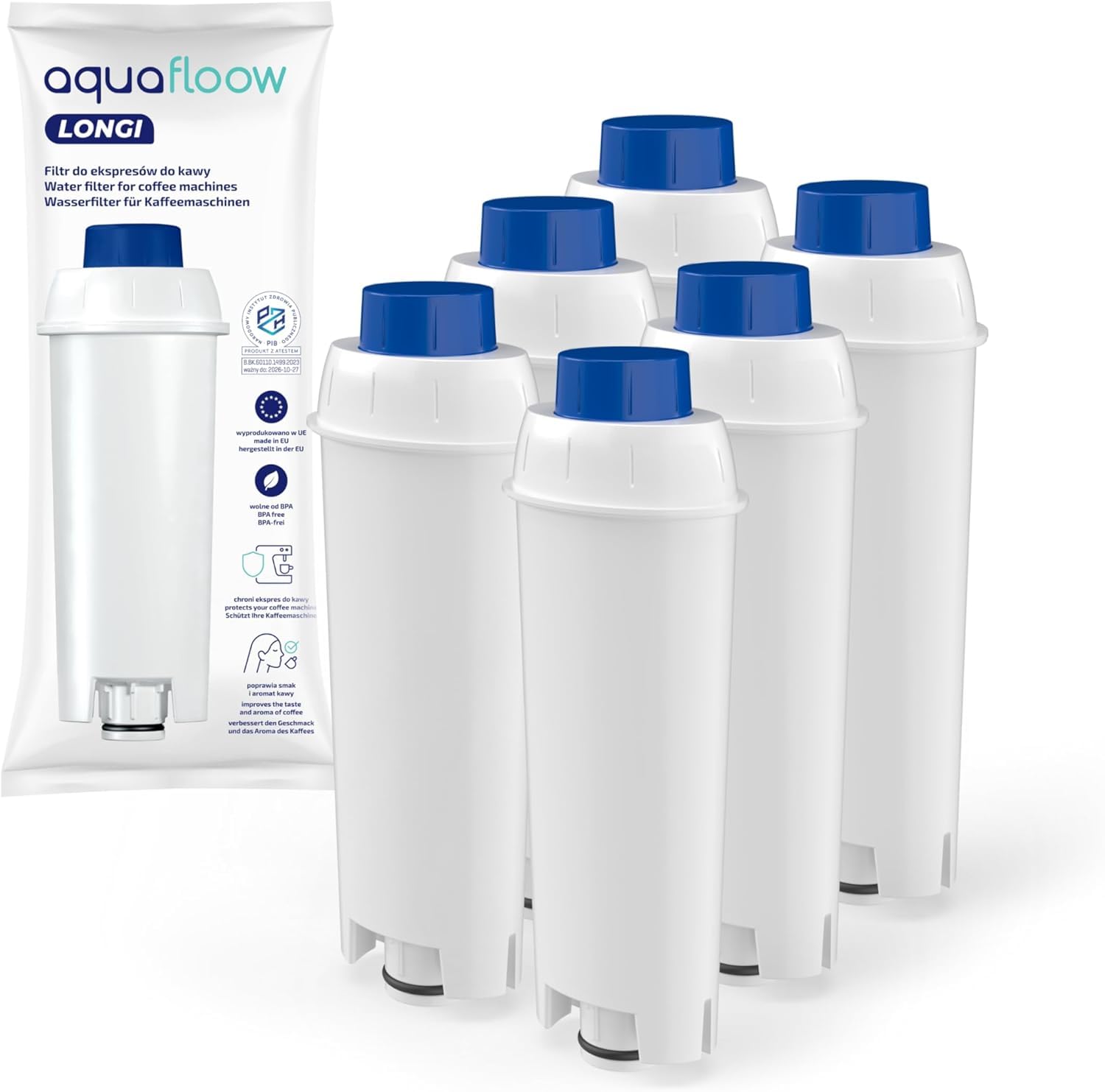 Aquafloow Wasserfilter Kaffeevollautomat für DeLonghi DLSC002 Kompatibel mit DeLonghi® Magnifica® S, Eletta® Explorer, Dinamica® PrimaDonna® und ECAM-Serie Kaffeemaschinen und Espressomaschinen (6x)