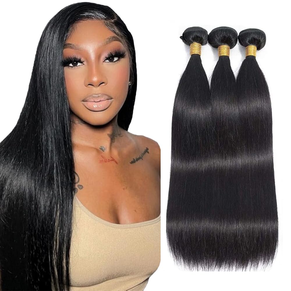 Photo 1 of 1B Straight Bundles Human Hair Unprocessed Virgin Black 3 Bundles 22 24 26 Inch Natural Black Straight Bundle Human Hair Extensions 50 Gram Per Bundle