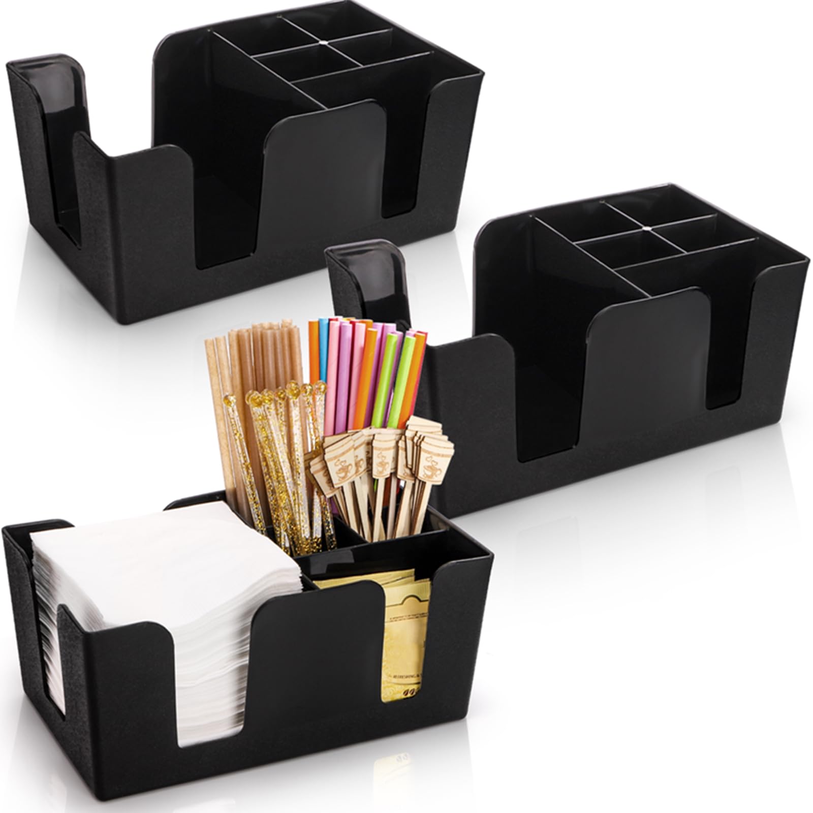 Tebery 3 Pack Bar Caddy with 6 Compartments, Barware Caddy, Bar Caddy Napkin Dispenser, Straw Organizer - 230 x 130 x 105mm, Black