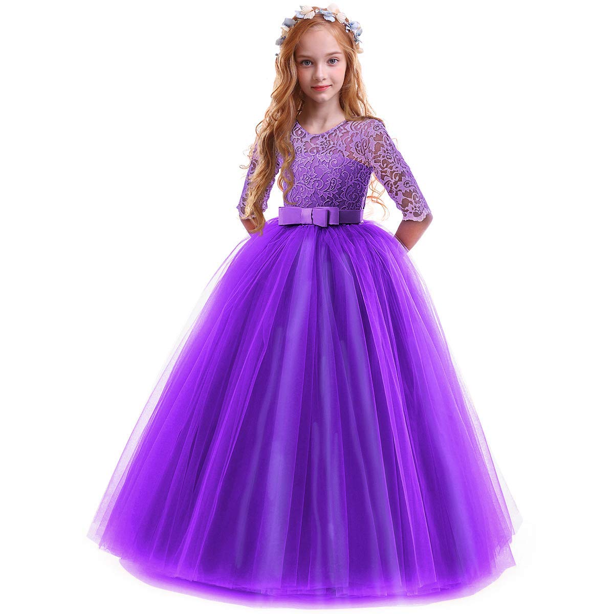 IWEMEK Flower Girls 3/4 Sleeve Floral Lace Tulle First Communion Pageant Dresses Kids Big Girls Princess Birthday Carnival Christmas Bridesmaid Wedding Party Prom Ball Gown 2-14 Years — view 17