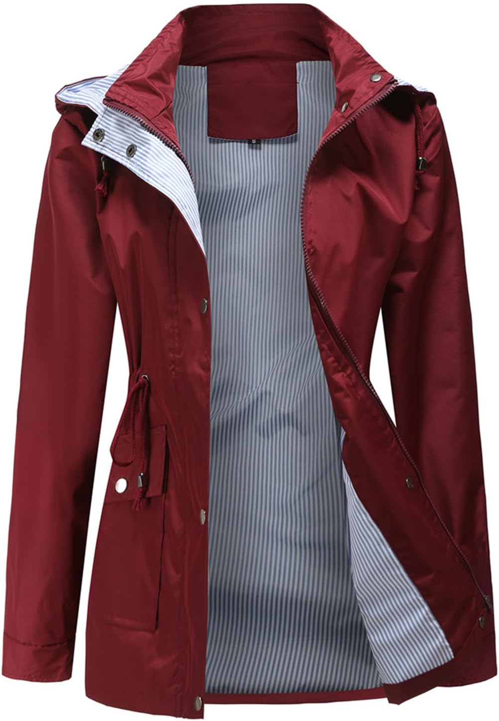 YRAETENM Rain Jacket Women Waterproof Lightweight Raincoat Striped Lined Trench Coats Hooded Active Outdoor Windbreaker