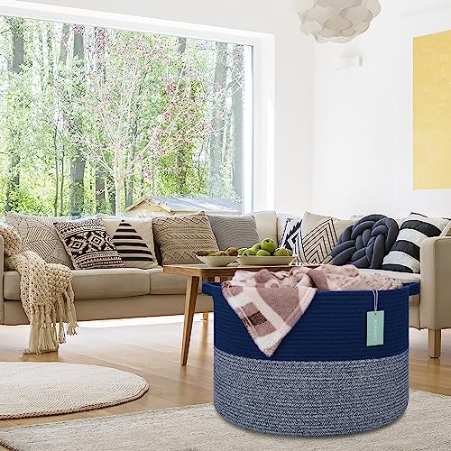 Image of Large Cotton Rope Blanket Basket, 87L Laundry Hamper, Navy Blue | Collapsible Woven Nursery Hamper, Sturdy Handles for Clothes Toys Towels, Ideal for Living Room Bedroom Bathroom