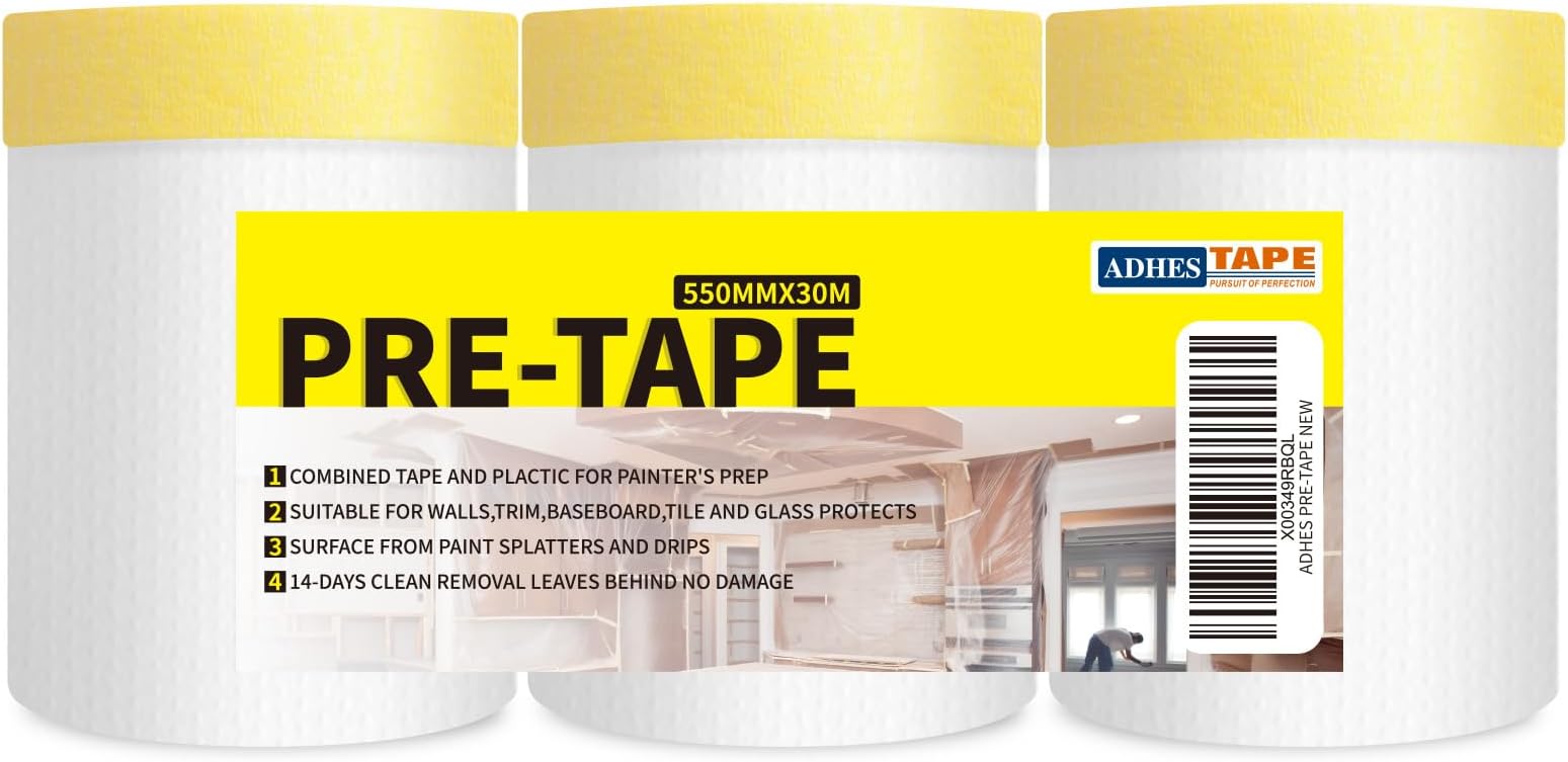 ADHES Tape and Drape, Pre-Taped Masking Film, Pull Down Drop Sheet for Automotive Painting Covering, Protection Covering Paper for Car, Floor, Machine, 22" W x 33 Yds Long 3-Roll