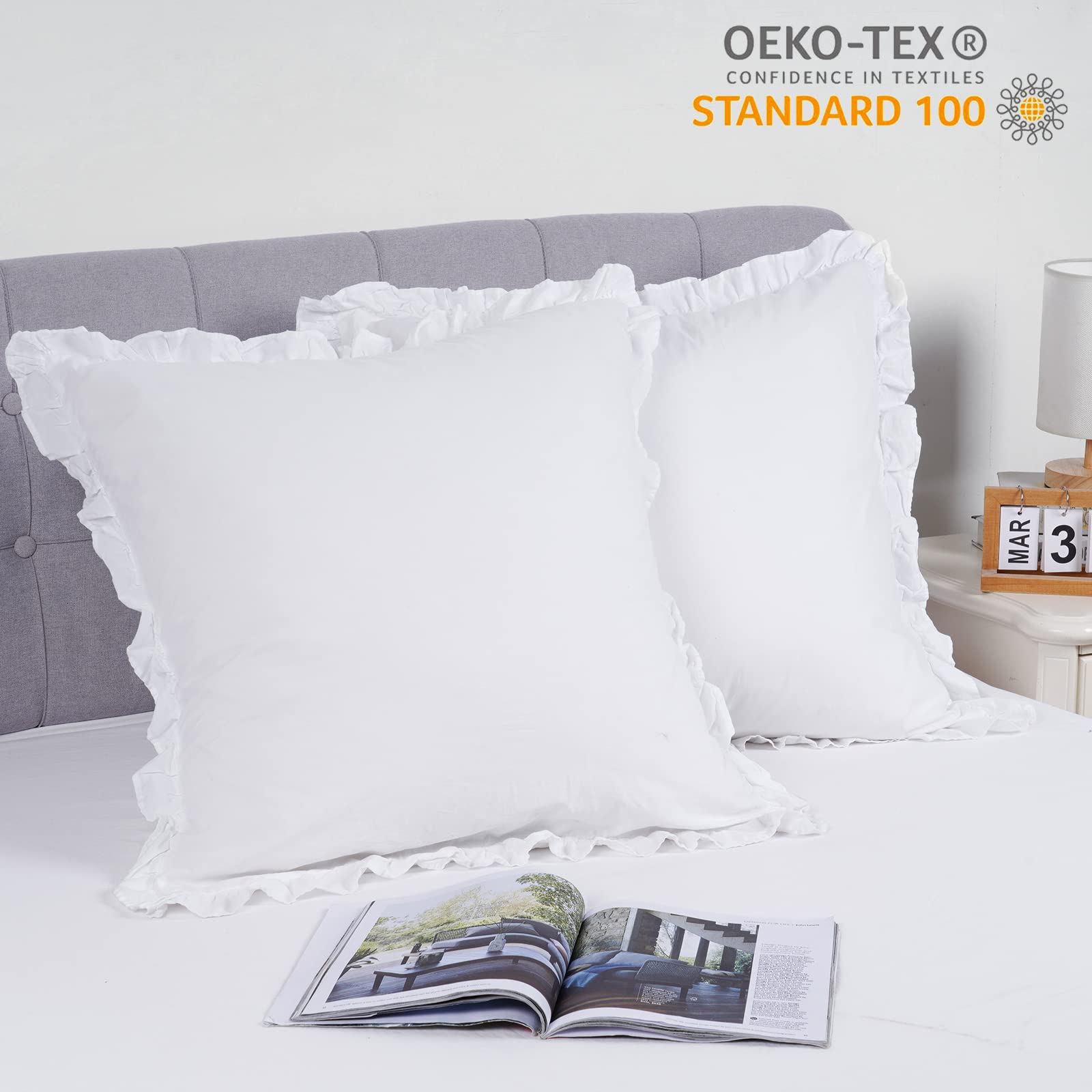 100% Washed Cotton Euro Shams with Ruffle, 2 Pack 26" x 26" Cotton Euro Sham Pillow Covers, No Insert - Image 2