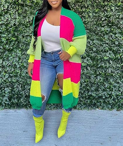 Image of SOMTHRON Women's Fall Cardigan Sweater Open Front Color Block Striped Knit Long Draped Coat Duster Outerwear