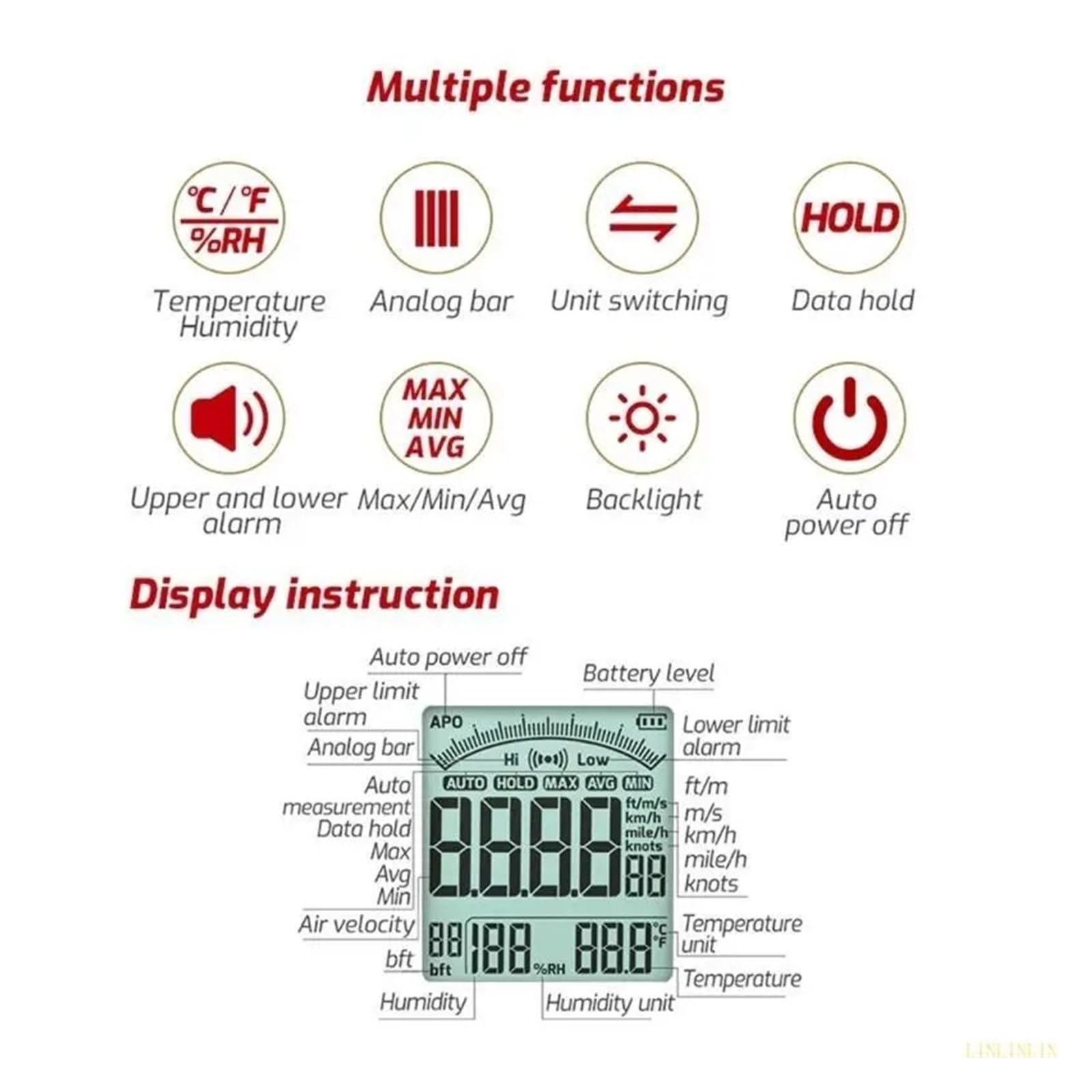 Anemometro, Anemometro con display digitale, misuratore di velocità del vento portatile, misuratore di velocità del vento(TA641B)
