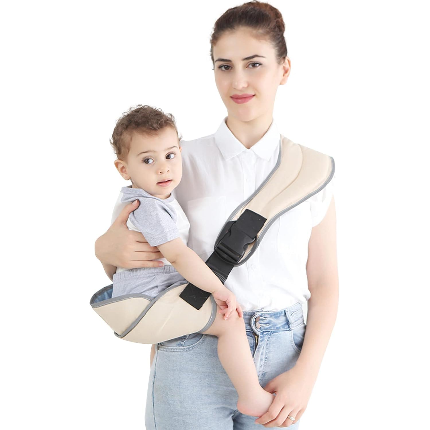 MostNow Portable Baby Carrier Strap, Front Wear Sling, Comfortable Lightweight Travel Harness, Easy One-Size-Fits-All Buckle Closure, for Toddler, Children 6-36 Months (Beige)