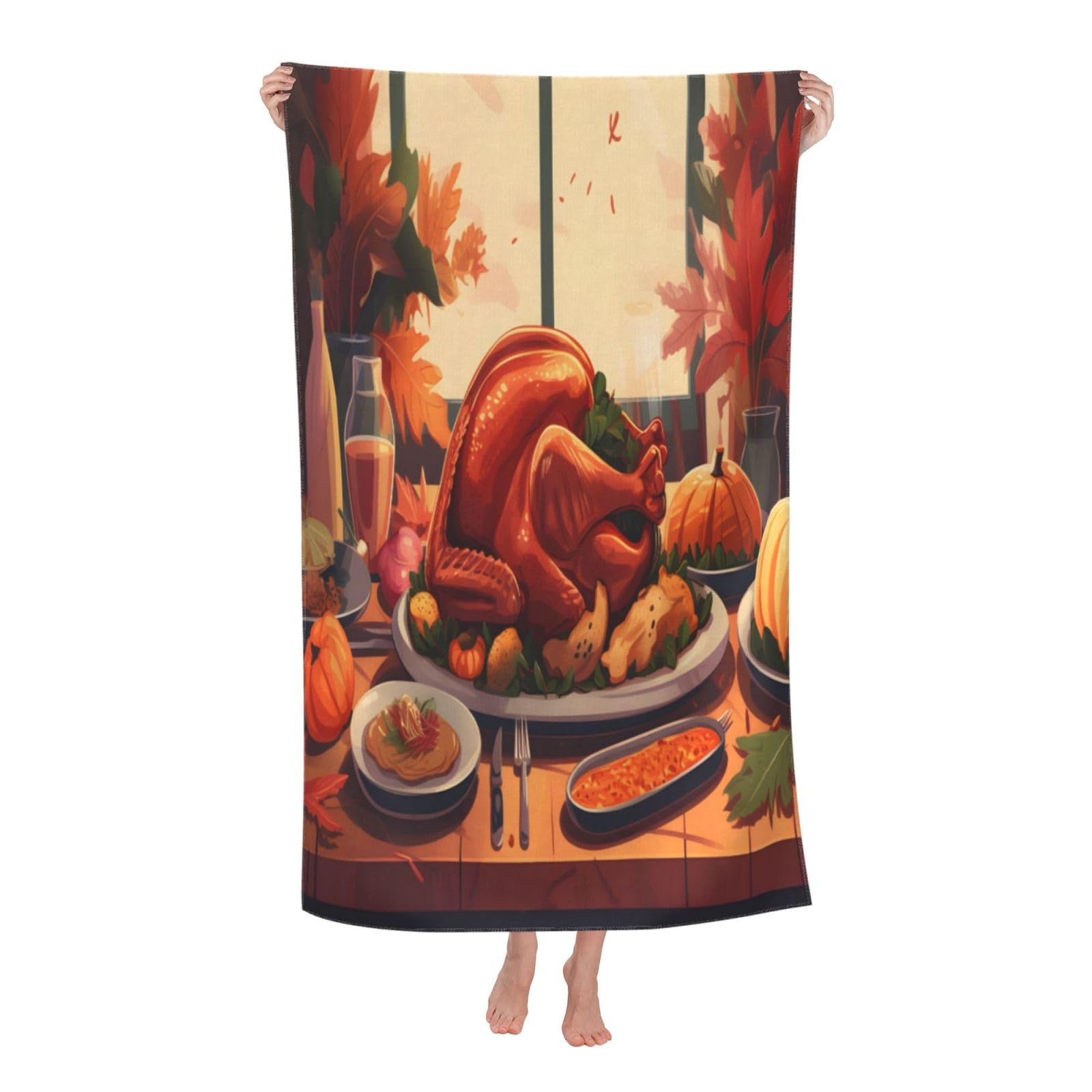 LSRCPD Beach Towels Happy Thanksgiving Pumpkins And Chicken 2 Travel Pool Swim Swimming For Adults Women 80X130Cm