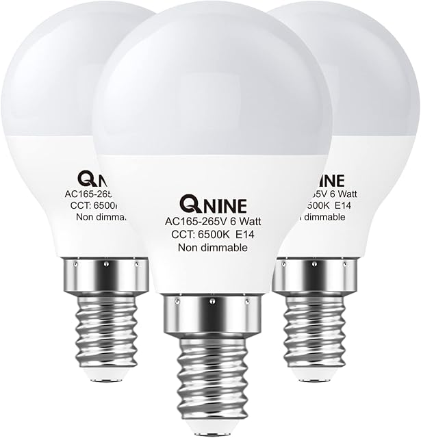 QNINE Cool White E14 LED Light Bulb, 6W (60W Equivalent), 540lm, 6500K, SES Golf Ball Bulb, Small Edison Screw Bulb, Non-dimmable, 3 Pack