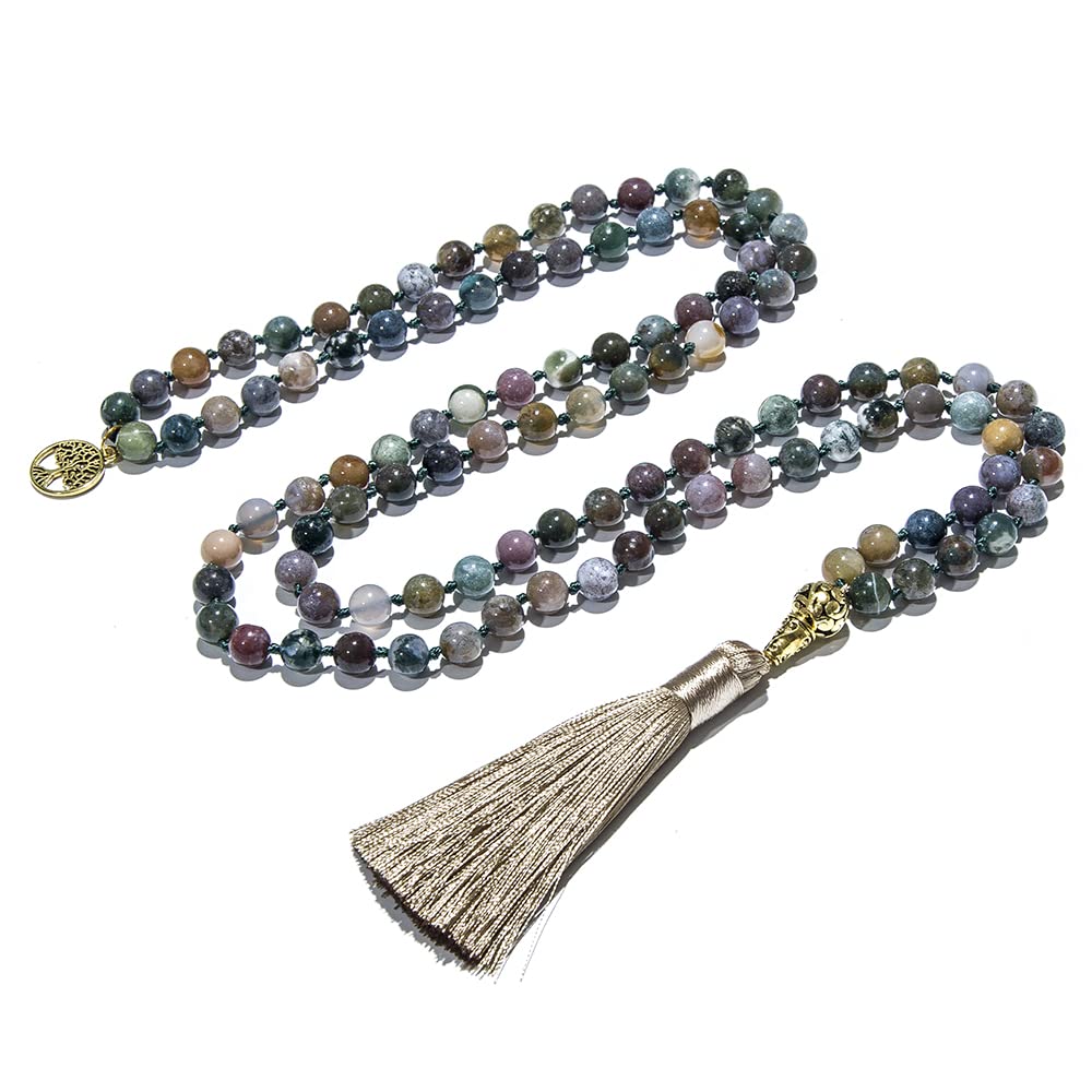 Hovaete108 Mala Prayer Beads Necklace Natural Stones Meditation Yoga Jewery 108 Hand Knotted Japa Mala Beaded Long Tassel Necklace with Tree of Life Pendant for Men and Women