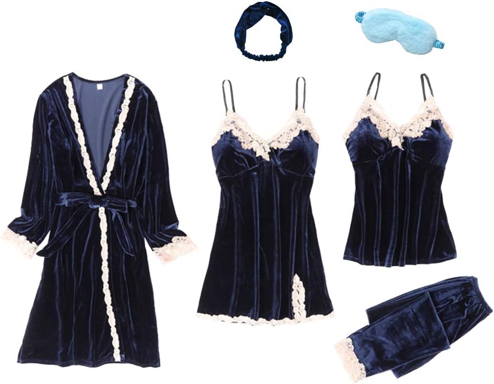 Winter Gold Velvet 6 Pieces Gown Sets Pajamas Sets Sexy Lace Robe Pajamas Sleepwear