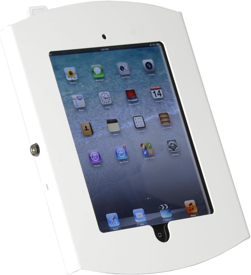 Displays2go iPad Wall Mount, Locking Enclosure, Hidden Home Button, iPad 2-4 and Air (White Steel)