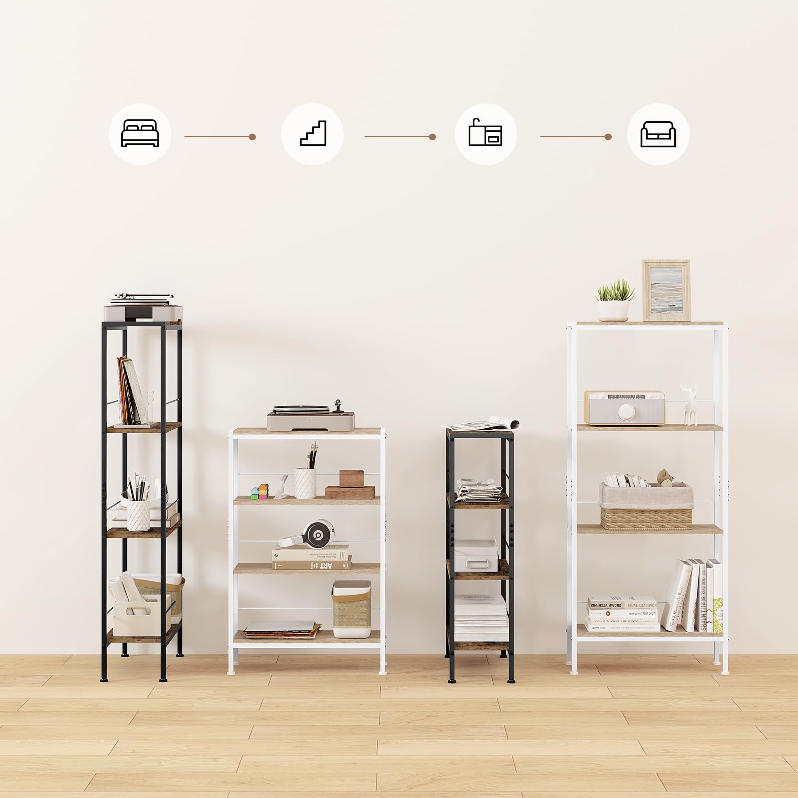 WOLTU Étagère Rangement, Étagère Étroite à 4 Niveaux, en MDF avec Cadre Métallique, Chêne Clair+Blanc, L50xP20xH110cm, RGB53whe