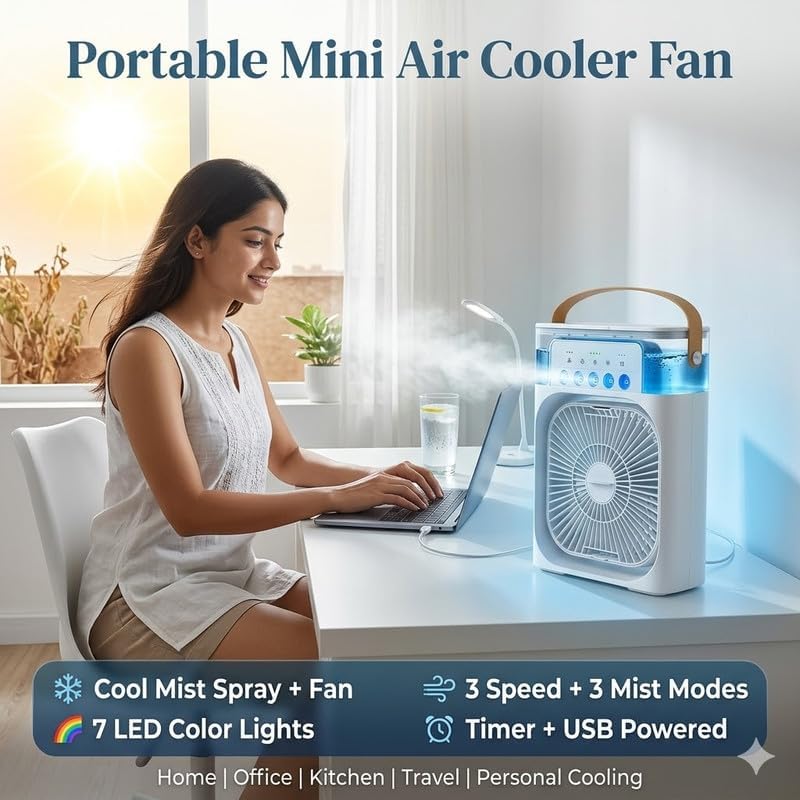 Image of (10 Years Assured Warranty) Mini Portable USB Air Cooler Fan with LED Light Effect Mist Spray Cooling System for Home Office Bedroom Travel Comfort Use