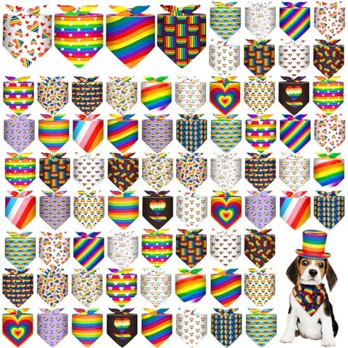 Locmeo 72 Pack World Rainbow Day Dog Bandanas Bulk LGBT Pride Day Triangle Pet Scarfs Adjustable Bib Scarf Handkerchief Holiday Pet Bandana Costume Accessories for Small Medium Large Dogs