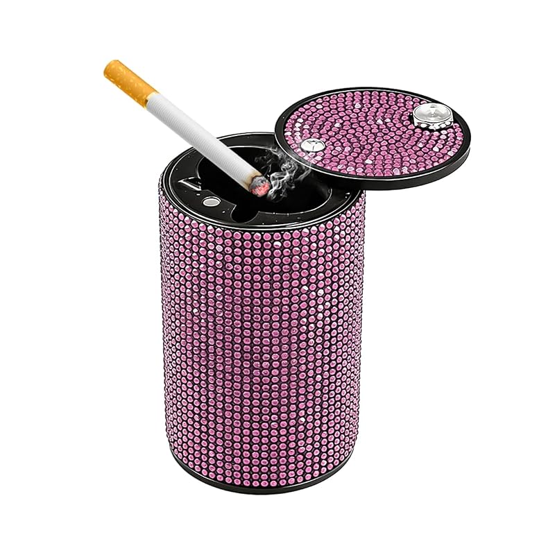 Cinzeiro Automotivo Bittwee com Tampa, Metal e Strass, Porta-Cinzas para Porta-Copos, Rosa