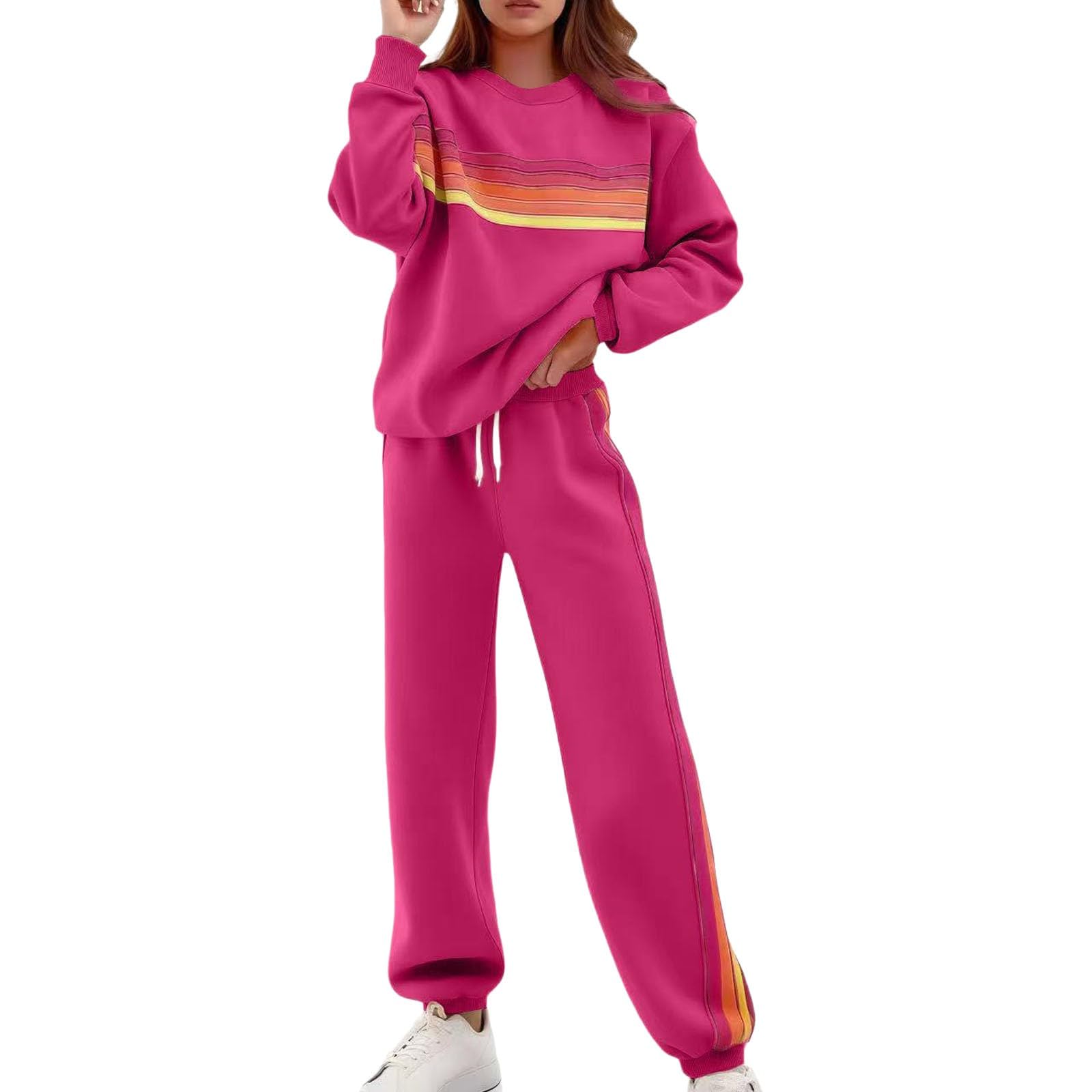 Conjunto de chándal informal de dos piezas con pantalones deportivos suaves a rayas y sudadera con cuello redondo