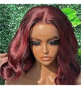 AimeileMiss Lace Front Wigs 99J Burgundy Short Bob Wavy Glueless Natural hairline Pre Plucked Syn...