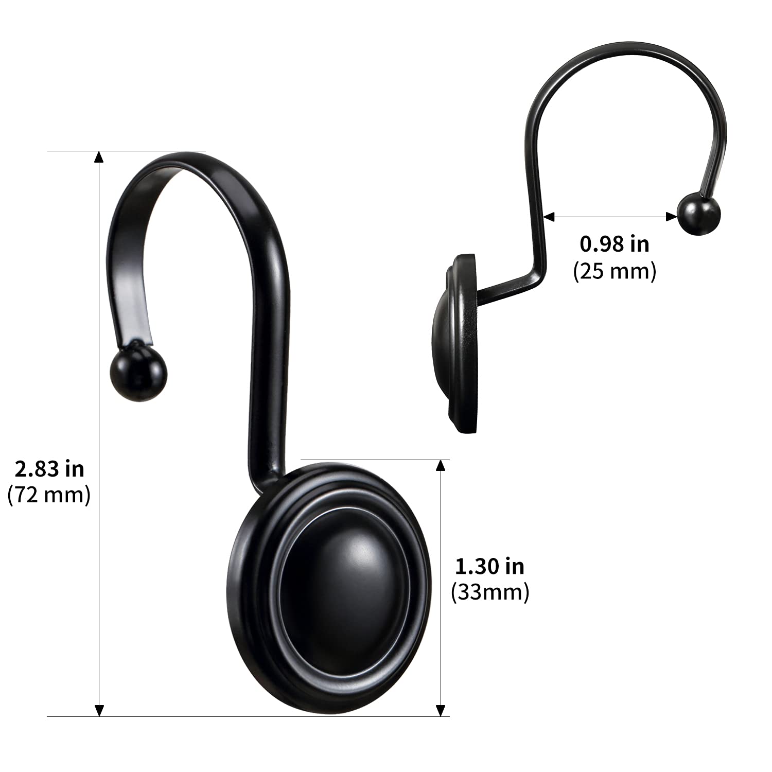 12 Duschvorhanghaken Schwarz, Rostbeständig – Dekorative Ringe Mit Perlen-Design, Passend Für Stangen-Durchmesser 22–30 Mm