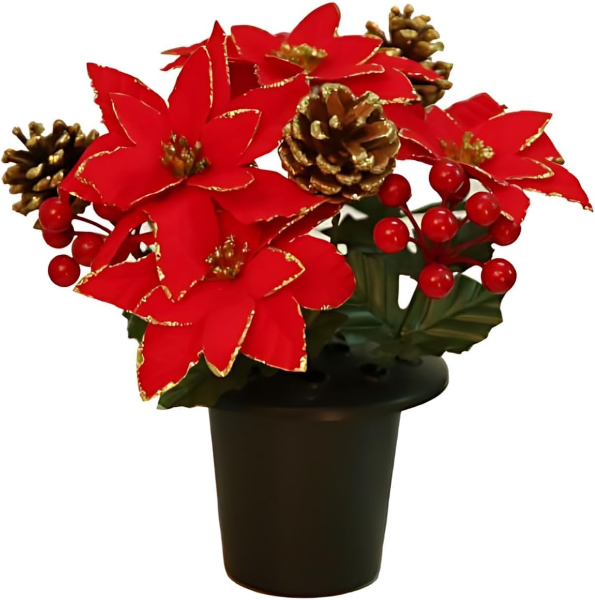 Pack 1 Christmas Artificial Flowers for Graves in Pots | Red Poinsettia with Cone & Holly Berry | Cemetery Artificial Poinsettia Grave Flower Pots|Durable Grave Pot for Floral Arrangement Decorations