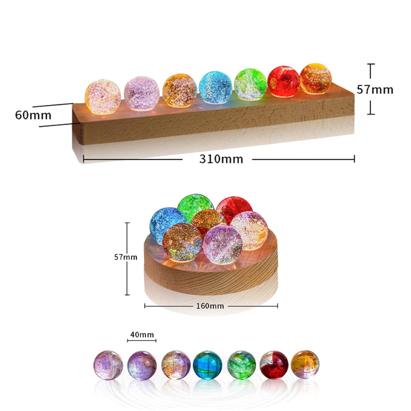 Galaxy Samll Ball Z Drewnianą Podstawą LED, 7 Kolorów 40mm Kryształowe Kamienie Kwarcowe I Kamienie Lecznicze, Dekoracje Na Światło Nocne W Domu Prezenty(Round+Long Base,B 7 Ball Beech)