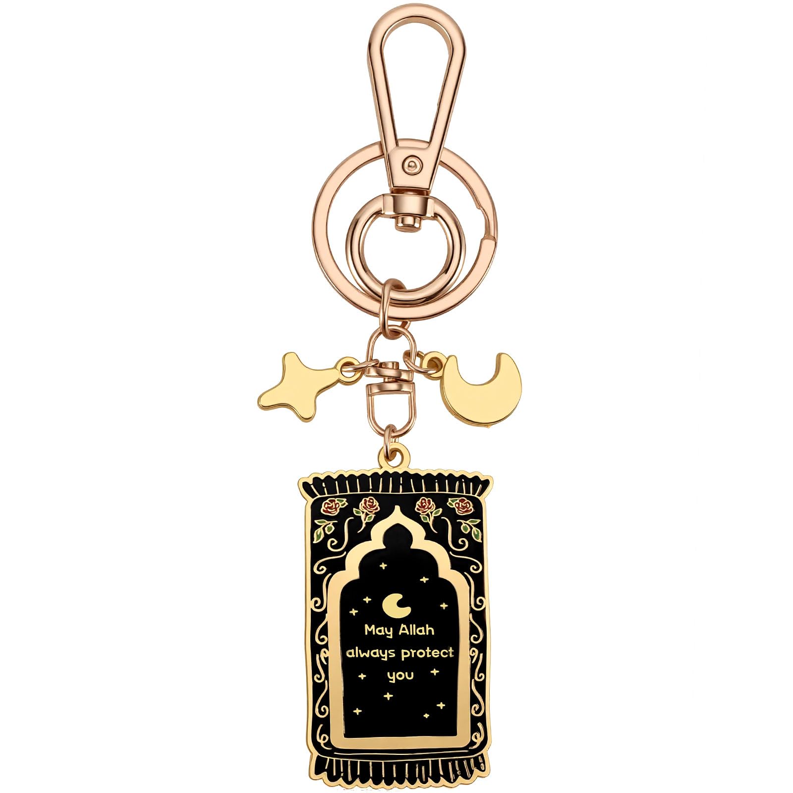 Islamic Keychain - Muslim Dua 'May Allah Always Protect You' Black Keyring with Gold-Plated Enamel & Moon Star Charms, Islamic Gifts, Muslim Gifts, Ramadan Eid Gift, Car Key Ring or Bag Accessories