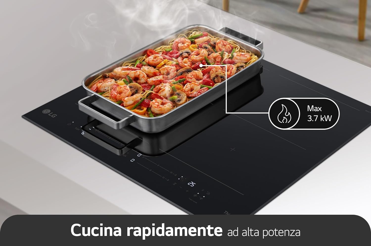 LG CBIZ2437B Piano Cottura Induzione 60cm, Potenza da 2,5 a 7,4kW, 4 Zone Totali, 2 Zone Flex, 15 Livelli di Potenza + Boost, Controlli Touch Slide Indipendenti, Wi-Fi, Vetro Ceramico SCHOTT, Nero