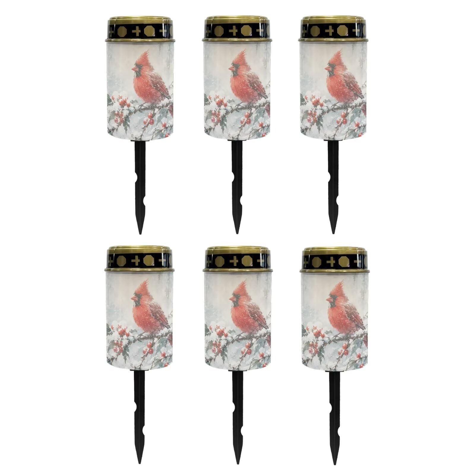 Poceacles Solar Lights Outdoor Waterproof Grave Lights for Cemetery LED Flameless Candle Cemetery Solar Pillar Candles Outdoor Decor, Cardinal Bird Winter Snow Landscape, 6 Pack