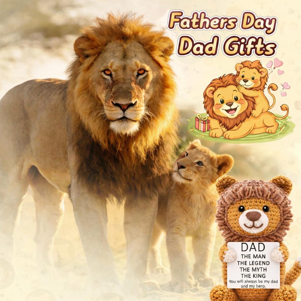 Fathers Day Dad Gifts from Daughter Son, Dad Birthday Gifts for Bonus Step Dads, Best Dads Ever Gift for Men Daddy Father in Law Papa, Funny Handmade Emotional Positive Crochet Lion, Small Desk Decor
