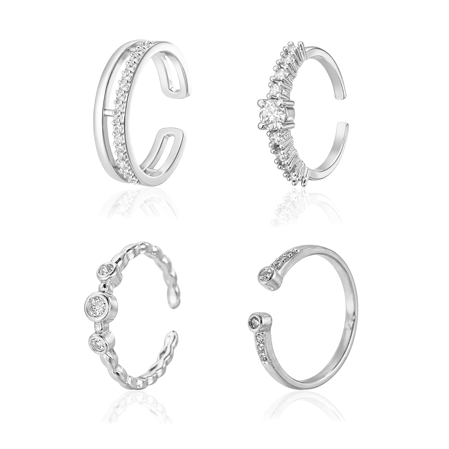 vama FASHIONS Valentine Special Adjustable 4 Pcs 18K Silver Plated Stainless Steel White AD Stone Hand Finger Ring Anti Tarnish statement Fingerring Combo Set For Women & Girls-picture-35