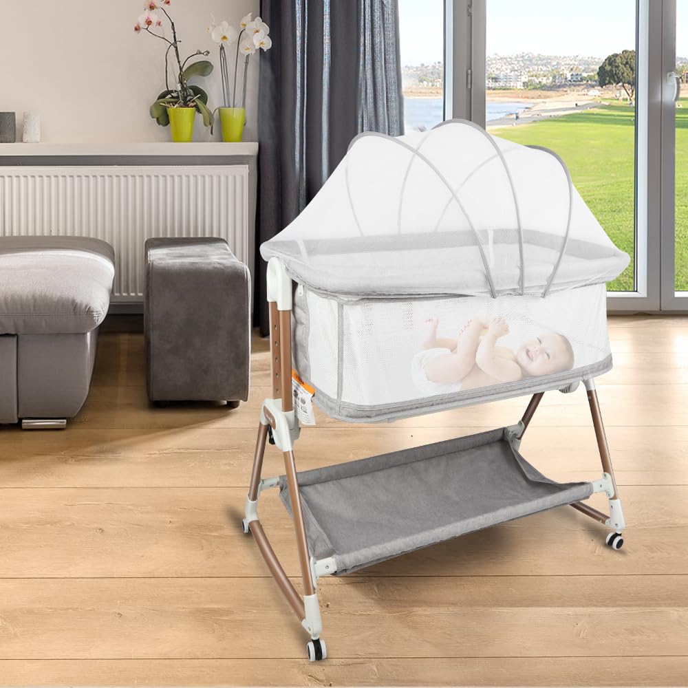 Kedia Babywiege mit Moskitonetz, Babybett & Reisebett mit Rollen, Babybetten mit Höhenverstellung, Babybetten für Ko-Schlafen (90 * 60 * 90-115cm)