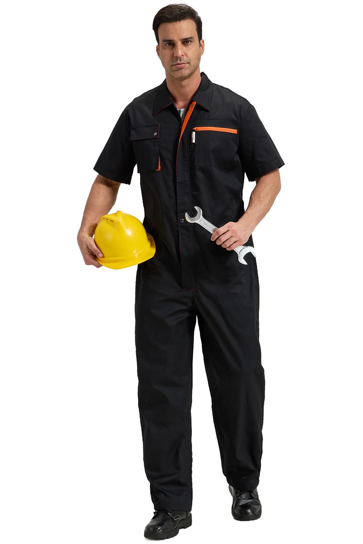 Herren Arbeitsoveralls Kurzarm Arbeitskleidung Leicht Arbeitsanzug Atmungsaktiv Reißverschluss Overalls Sommer Arbeitskombi, Schwarz, XL