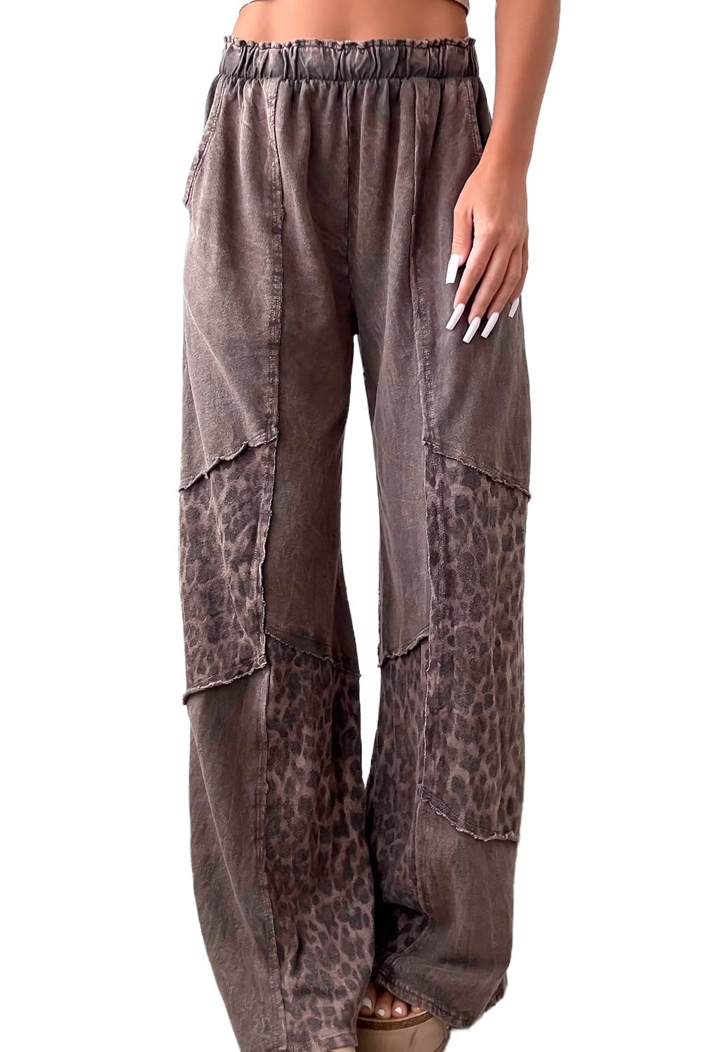 Apvirdy Womens Mineral Wash Leopard Patchwork Pants Loose High Waist Wide Leg Pants Vintage Boho Y2K Streetwear Trousers