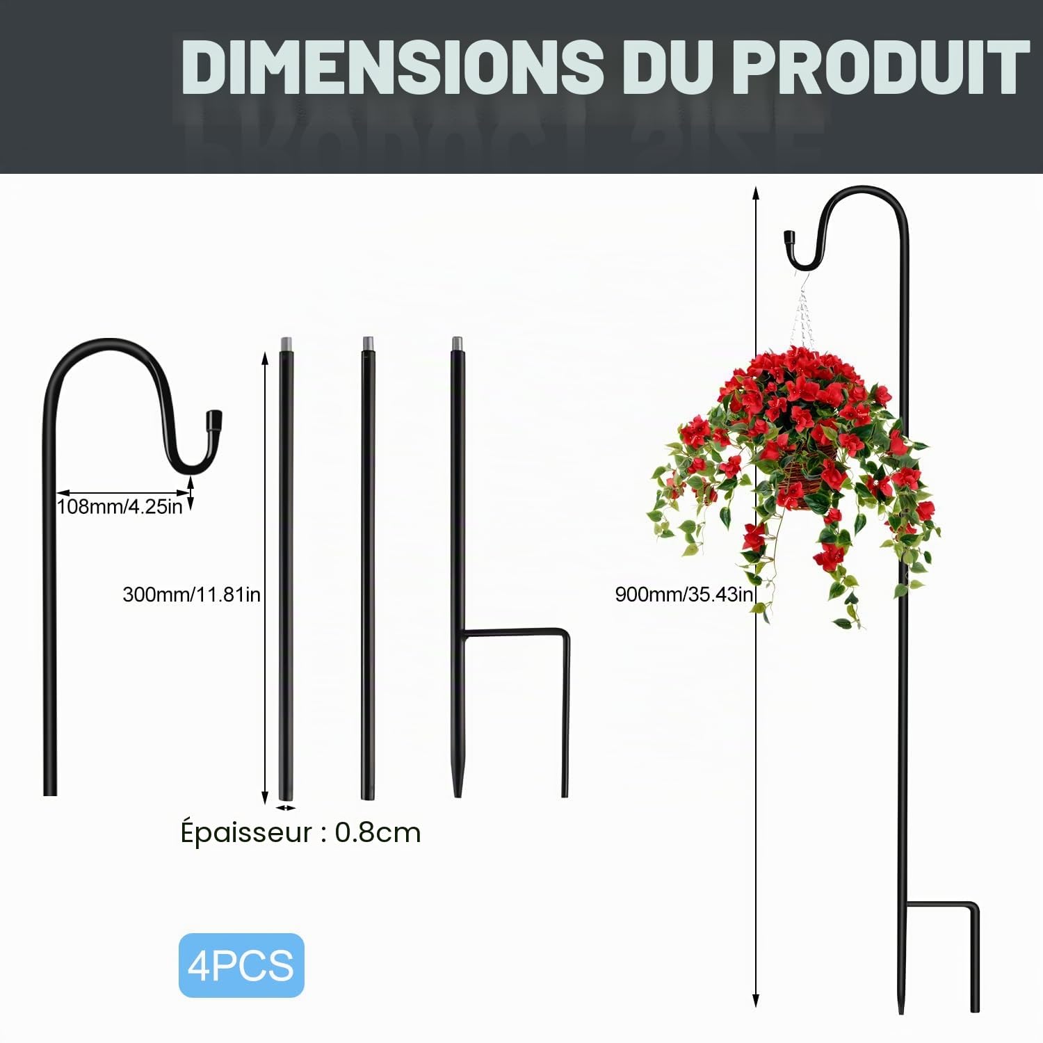 4 Pièces Crochet de Berger 90 cm Crochet de Jardin en Métal Crochets De Berger Réglable en Hauteur pour suspendre des plantes, lanternes, lumières et décorations de mariage