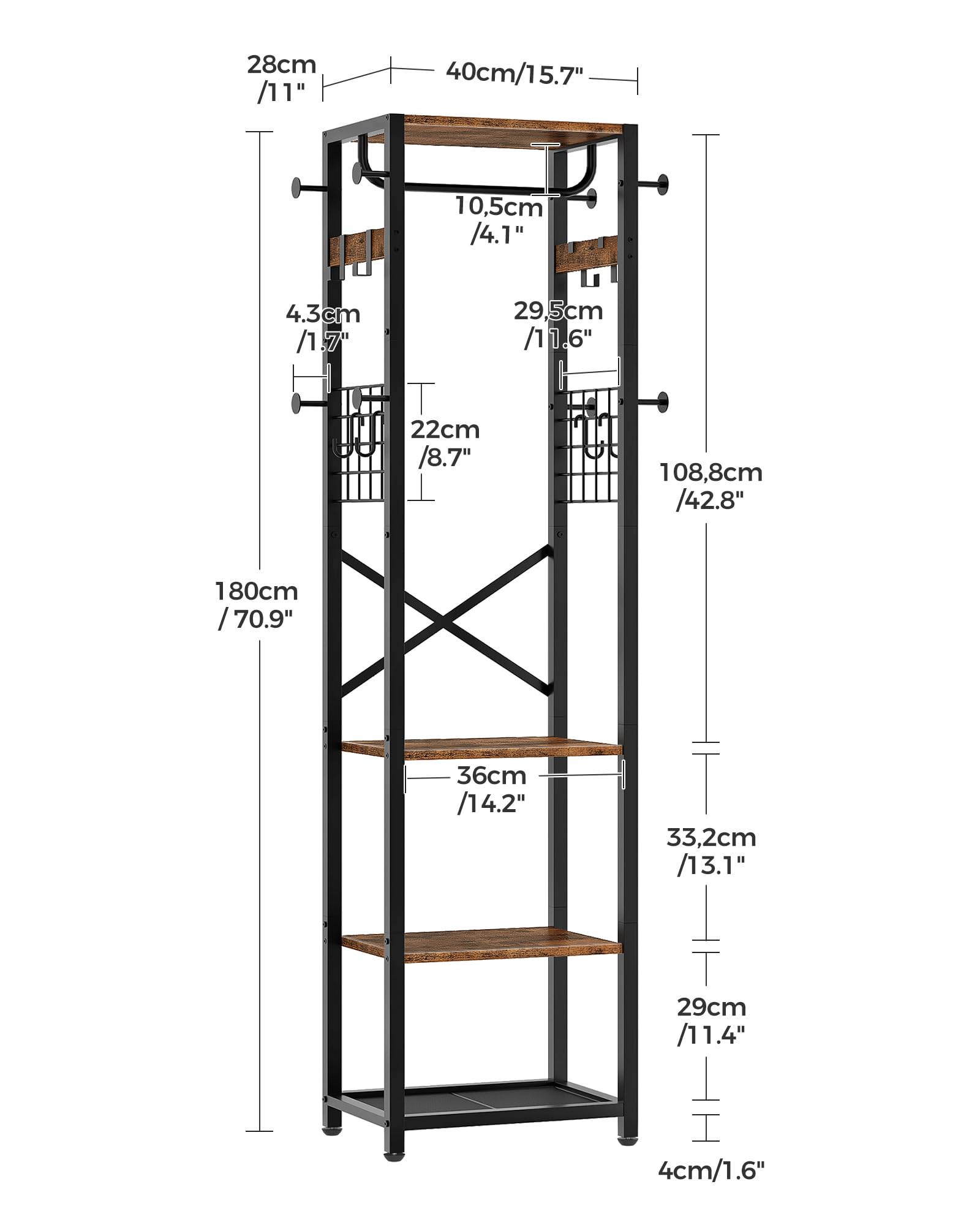 CHOEZON Garderobenständer, Kleiderständer mit 3 Ablagen, 16 Haken und Kleiderstange, freistehende Garderobe, Industrie-Stil, für Eingangsbereich, Flur, Vintagebraun und Schwarz DTYM18BF