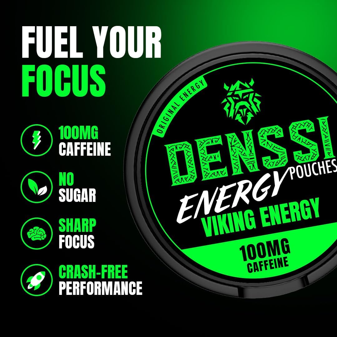 Denssi Pouches d'énergie - Sacs d'énergie à la caféine - Remplacement gratuit/Alternative pour la concentration et l'énergie - Sacs Nootropiques sans Sucre (10 Packs, Viking Energy)
