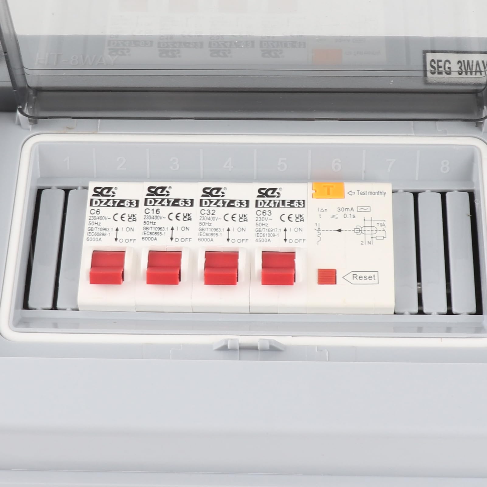 Unidad de Consumidor de Caravana de Garaje de 3 Vías, 63A 30mA RCD + 3MCB (6A+16A+32A) Caja de Fusibles de Alta Capacidad de Rotura para Garajes, Caravanas, Talleres, Dependencias