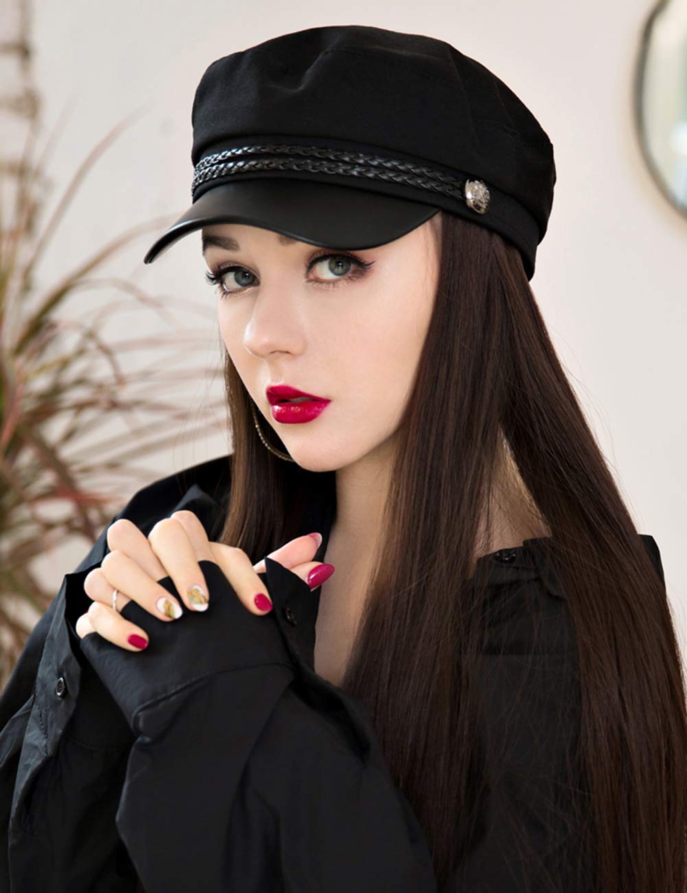 Two in One Beret & Wig Together Straight Vintage Style Hairpiece for Women Christmas Dress Up Long Black Brown