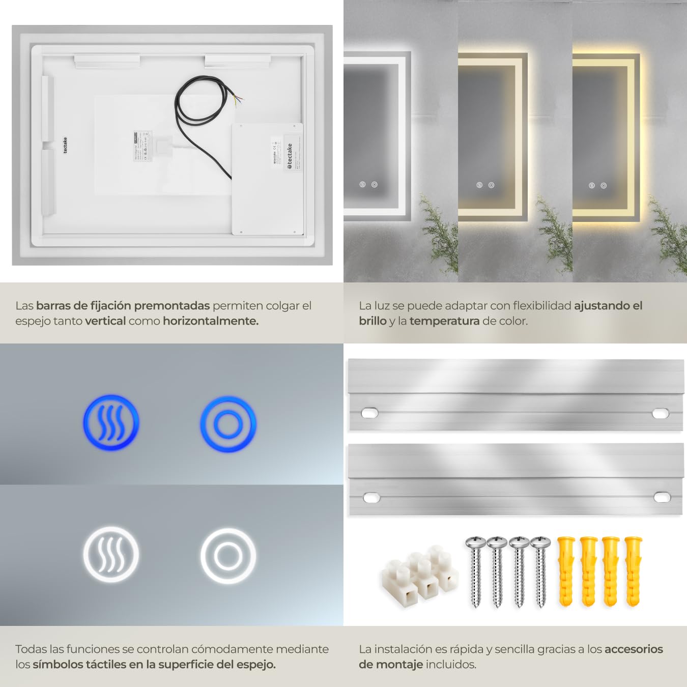 tectake® Espejo Baño LED sin Marco Rectangular, Diseño Moderno, Espejo Pared con Luz, Espejos de Baño con Luces, Decoracion Hogar, Decoracion Pared - 50x70 cm