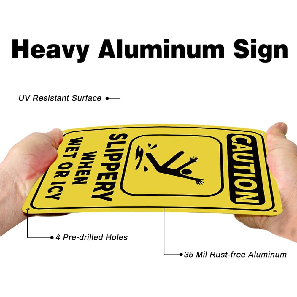 GLOBLELAND 2Pcs Caution Slippery When Wet or Icy Metal Sign 8x12inch 35 Mil Aluminum Warning Sign for Outdoor Areas Driveways Walkways Parking Lots Staircases UV Protected and Waterproof - Image 3