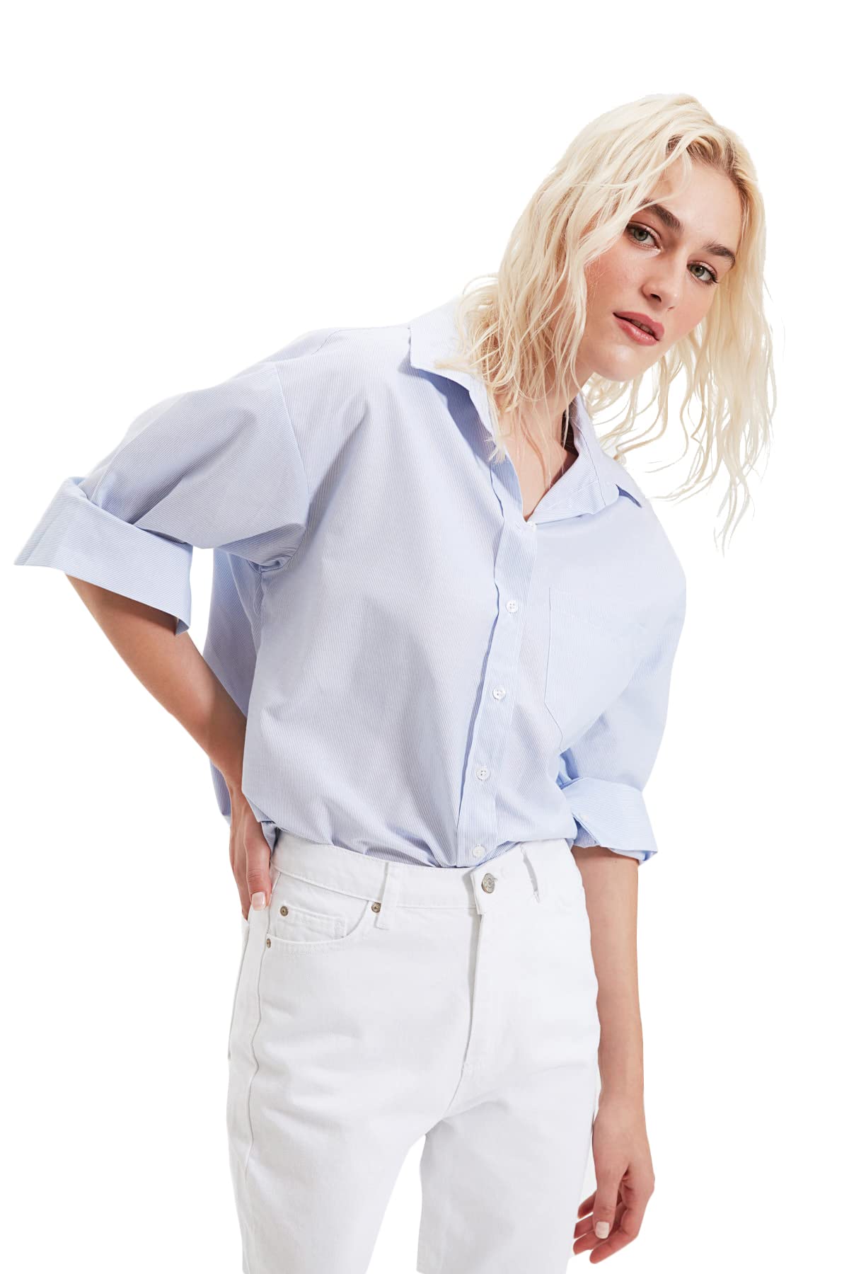 Trendyol Camiseta de Rayas, Azul Claro, 42 para Mujer