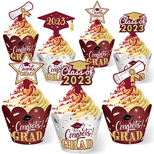 96 Pieces 2023 Graduation Cupcake Toppers Wrappers Congrats Grad Cake Decorations Adjustable Grad Cap Diploma Cake Wrappers Toppers Class of 2023 Grad Graduation Party Supplies (Maroon Gold)
