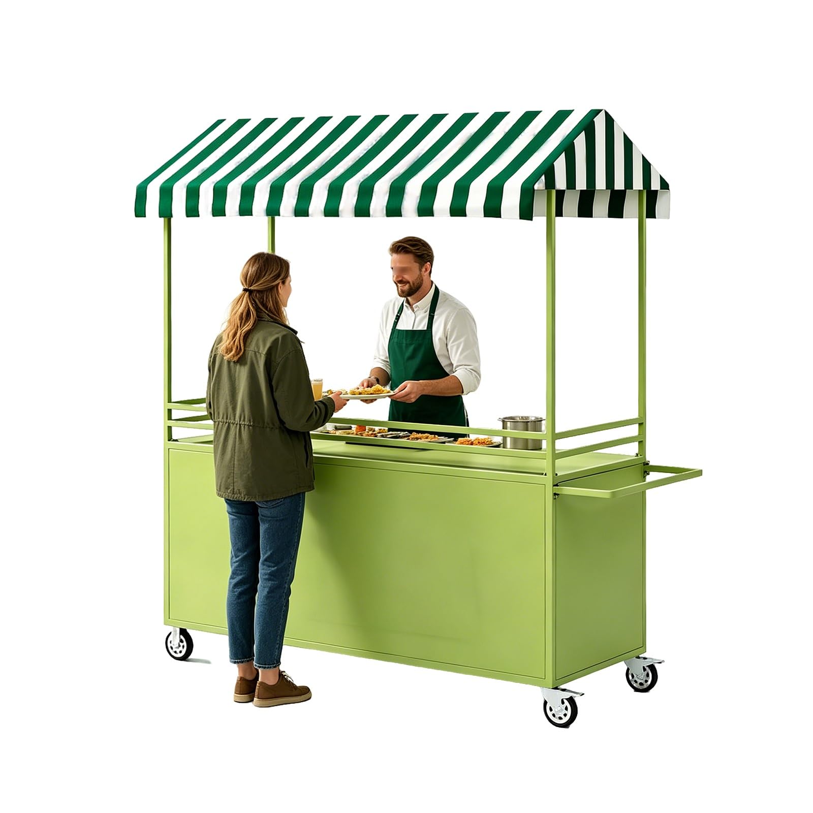 Mobile Food Vending Cart, Street Vendor Food Cart with Wheels and Green Striped Canopy, Multi-Use Outdoor Market Stall for Farmers Markets, Parties & Retail Events(Green,100cm)