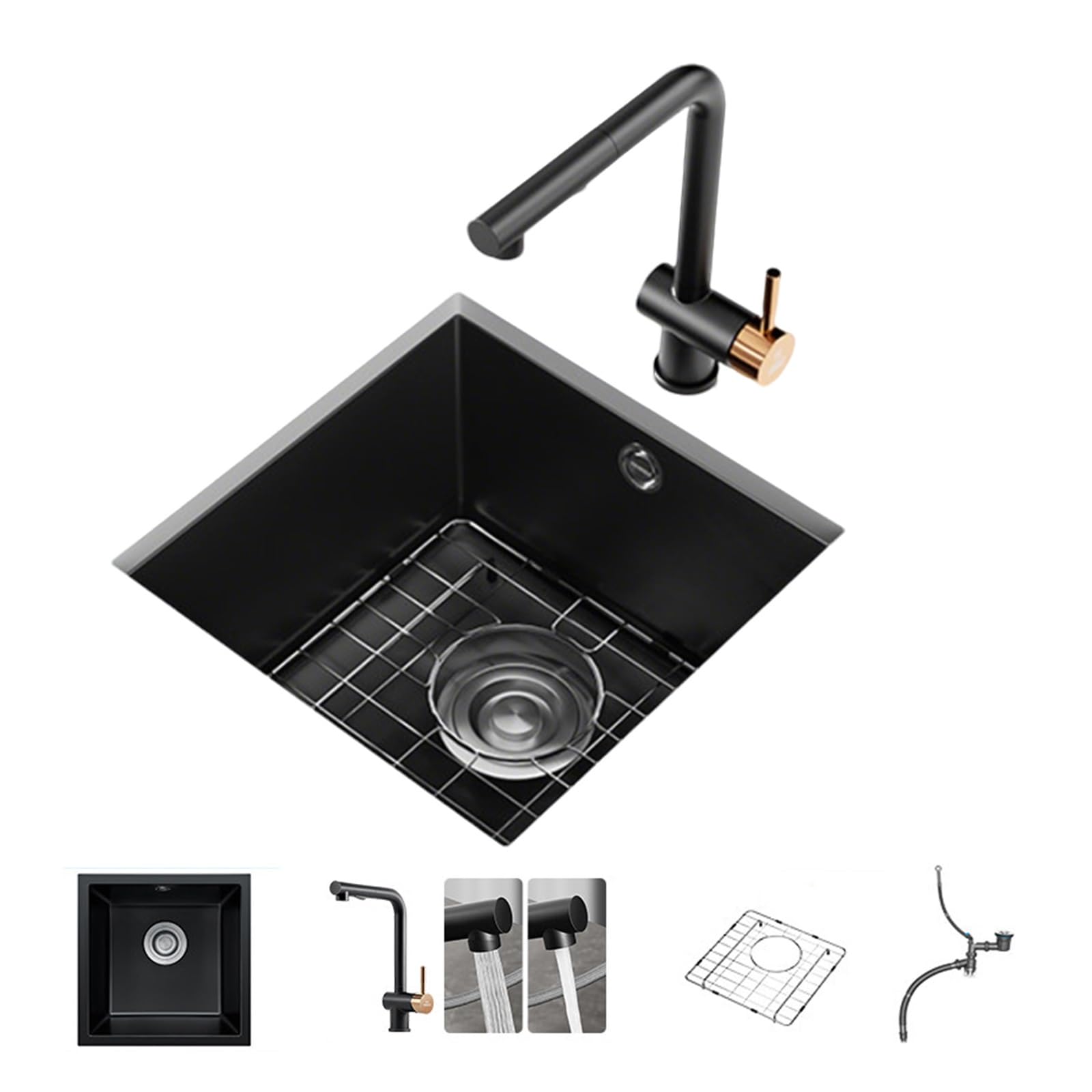 Fregadero Camping de Encastre, Lavabo Caravana con Grifo Extraíble, de Cuarzo, Fregadero Cocina 1 Seno con Rejilla y Desagüe para Caravanas(Black)